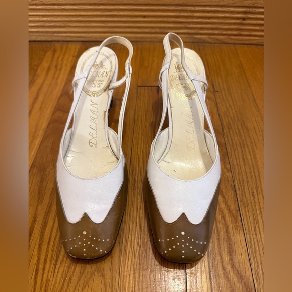 DELMAN CAPTOE TWO TONED SPECTATOR SLINGBACK PUMP 6.5 AA NARROW-WHITE/TAUPE VTG - Picture 13 of 13